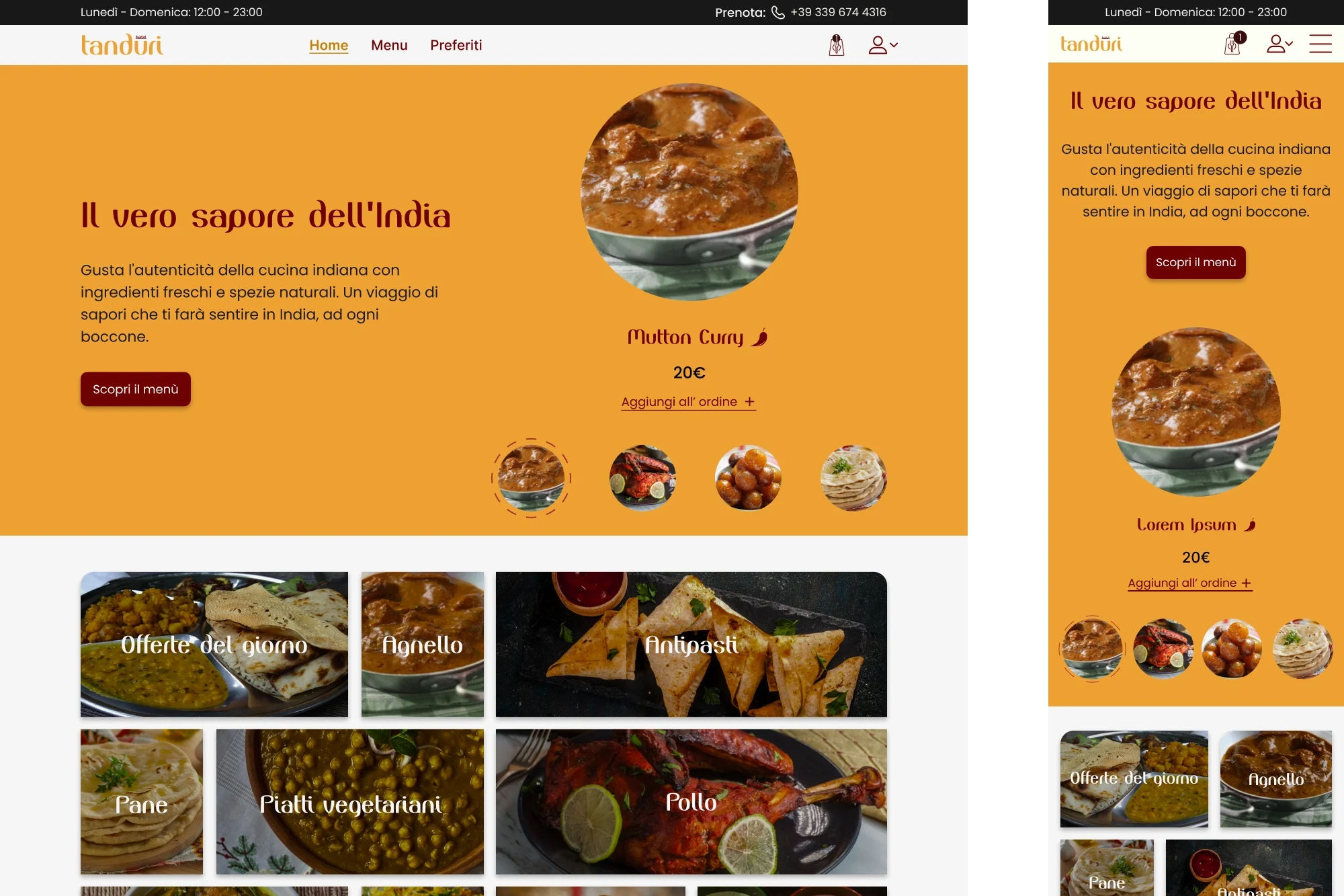 Anteptrima del mockup della Homepage del sito di Tanduri.