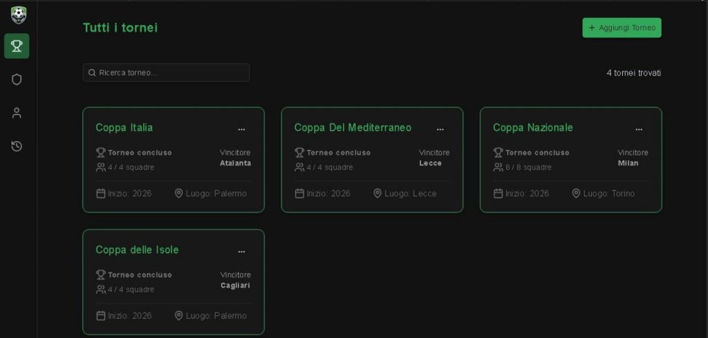 HomePage del progetto Tournament Manager